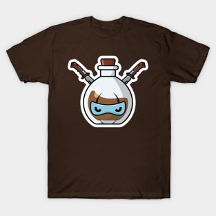 Potion Bottle with Ninja Cartoon Character Sticker vector illustration. Science object icon concept. Handsome ninja cartoon with Potion sticker vector design. Cartoon character drink design. T-Shirt